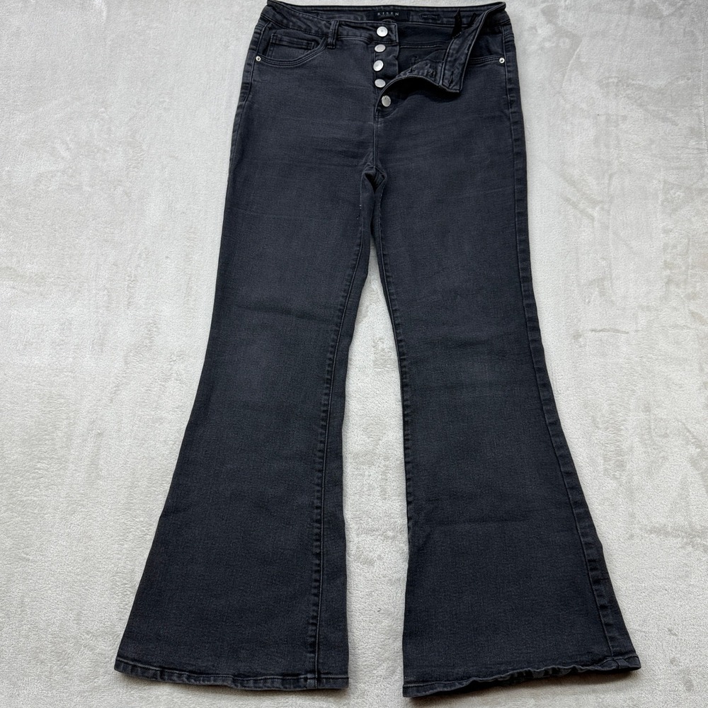 Risen Flare Jeans Women's 13 Washed Black Button Fly High‎ Rise Boho Chic Denim